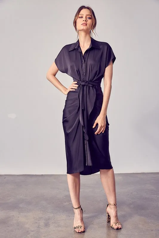 Black Button Up Front Tie Detail Dress