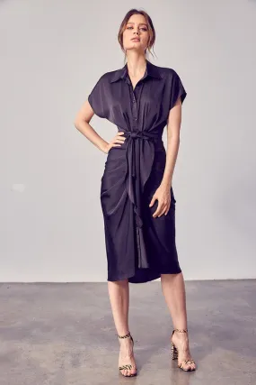 Black Button Up Front Tie Detail Dress