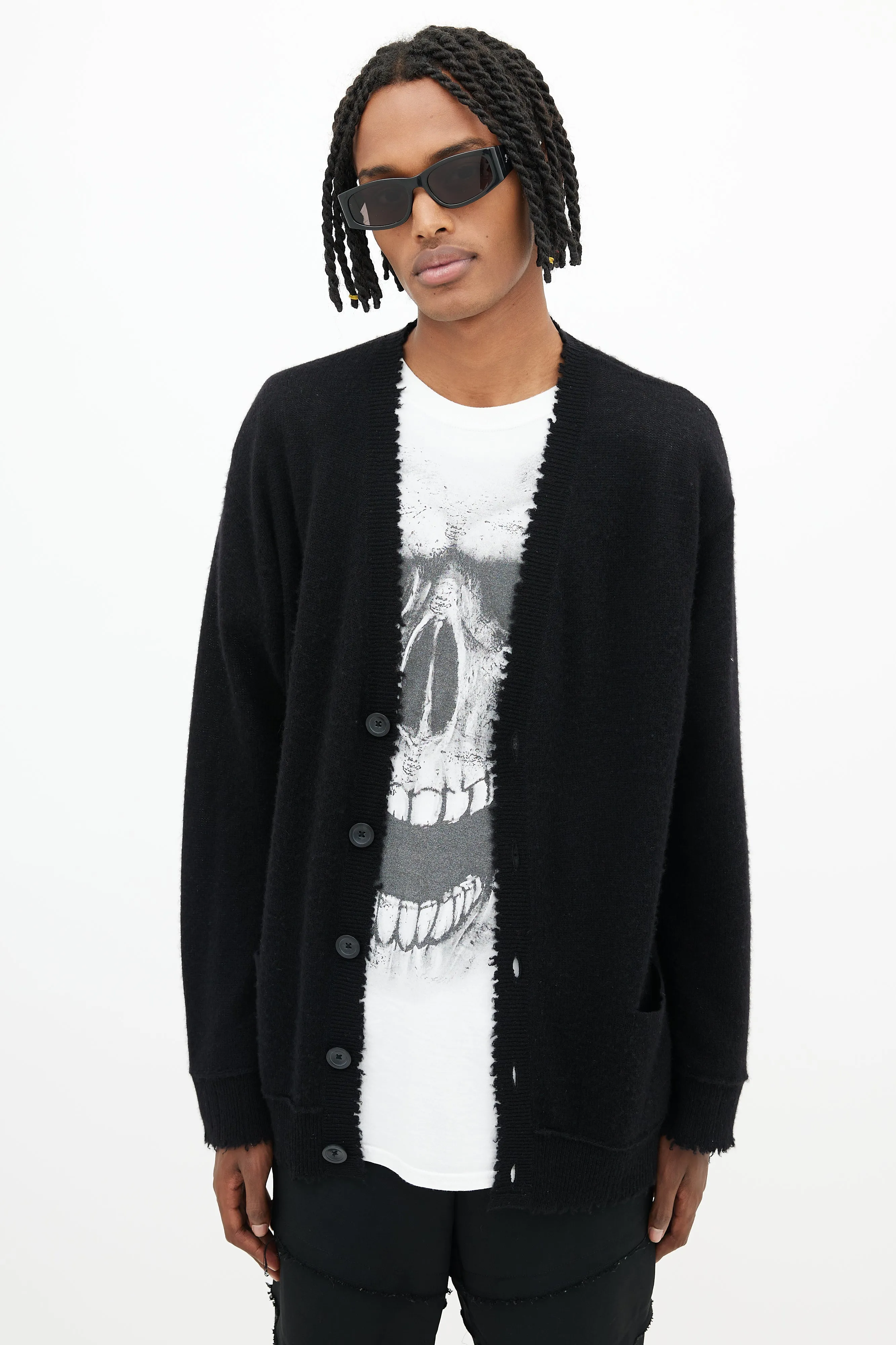 Black Cashmere Distressed Cardigan