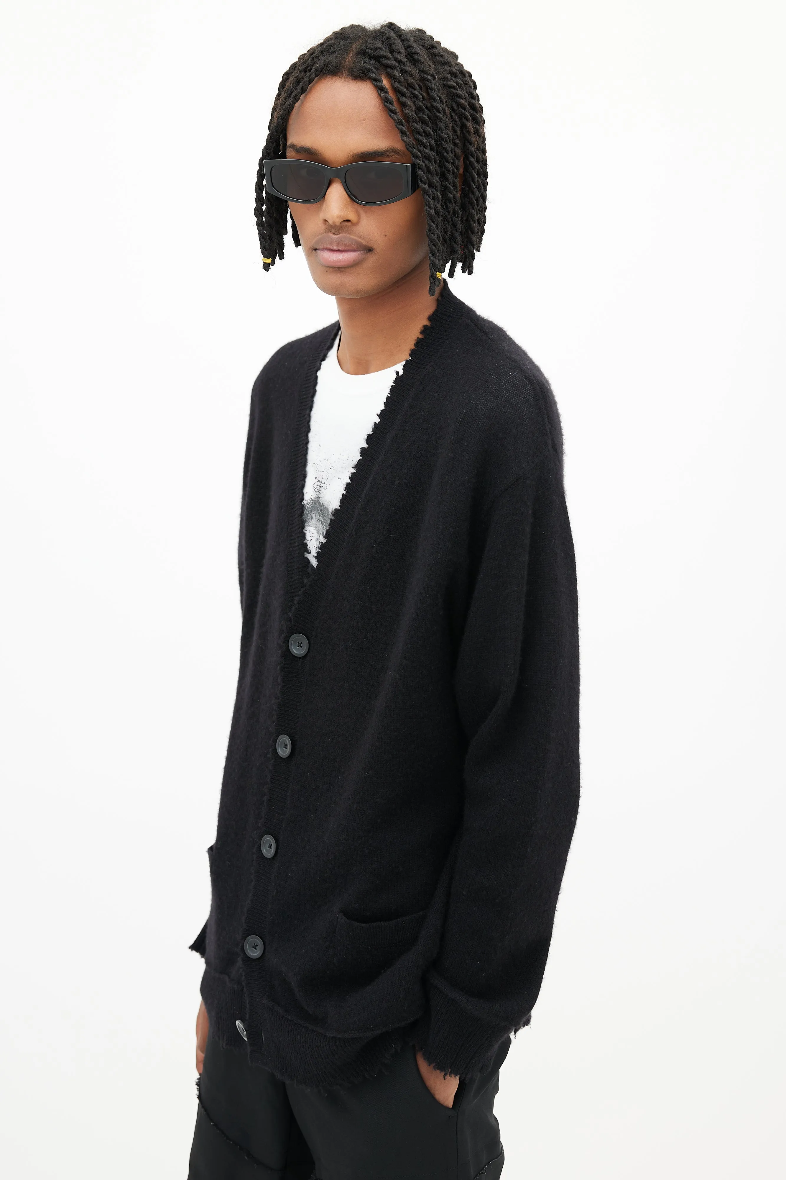 Black Cashmere Distressed Cardigan