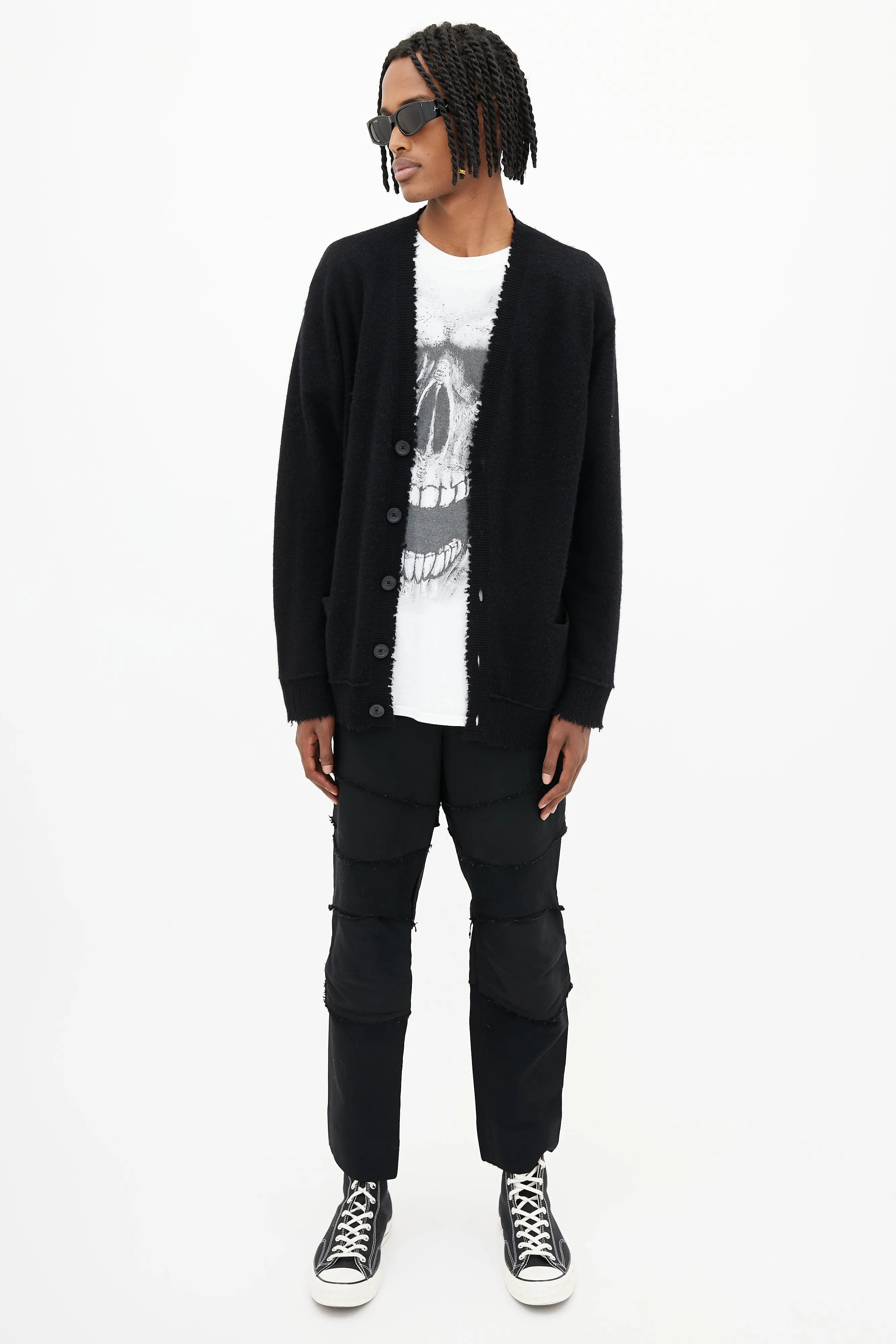 Black Cashmere Distressed Cardigan