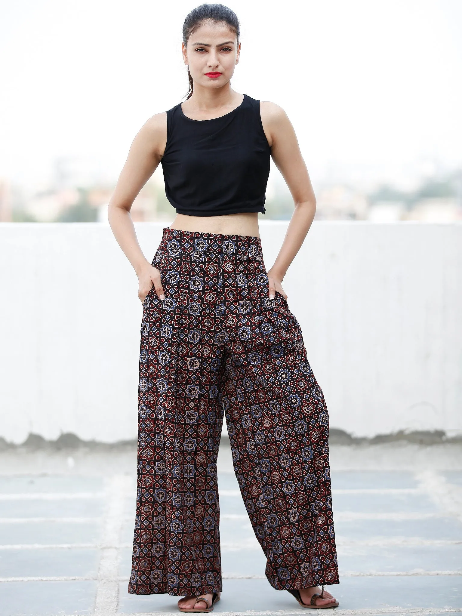 Black Indigo Maroon Ajrakh Hand Block Printed Semi Elasticated Waist Pleated Cotton Palazzo - P11F1686