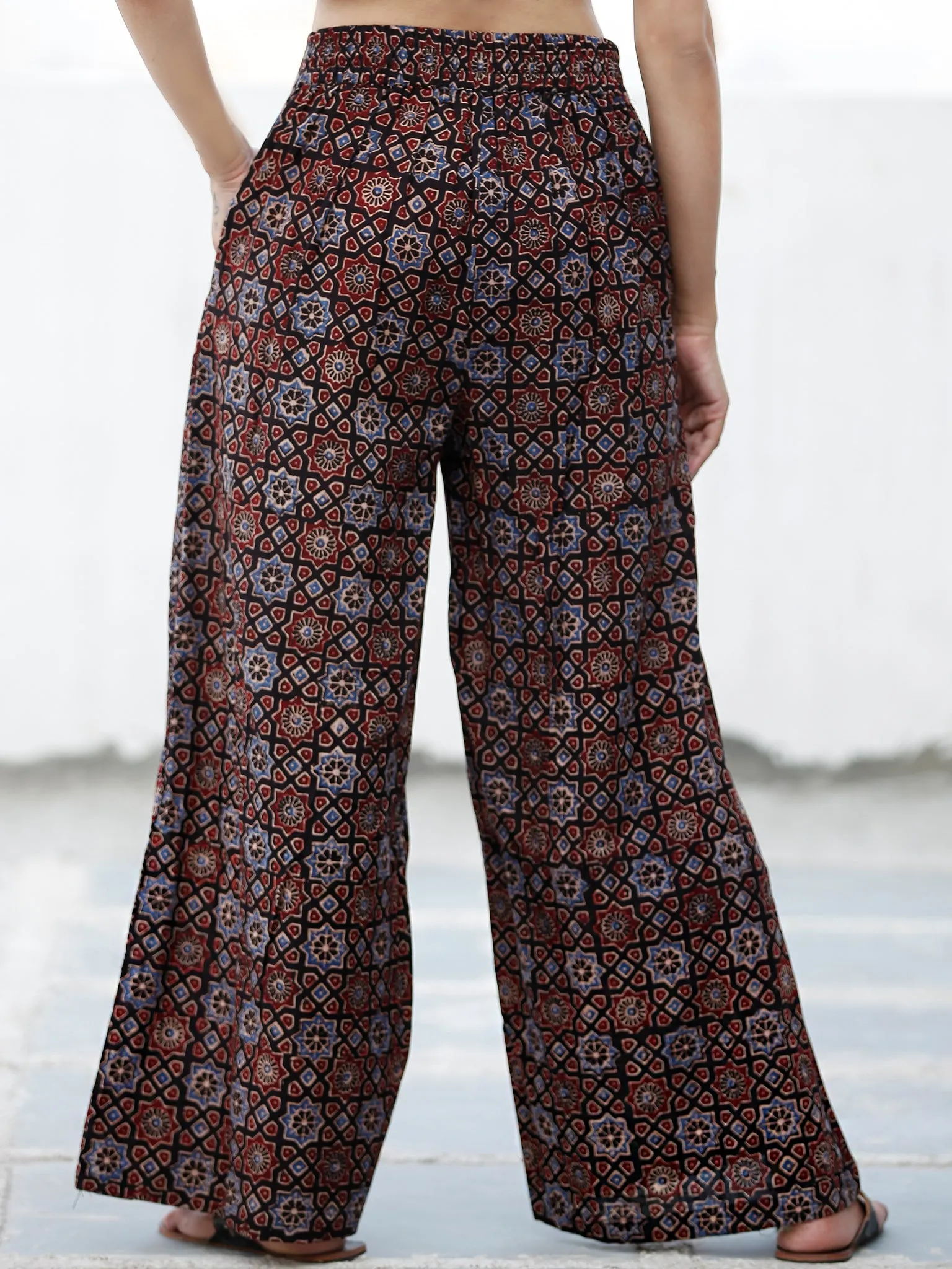 Black Indigo Maroon Ajrakh Hand Block Printed Semi Elasticated Waist Pleated Cotton Palazzo - P11F1686