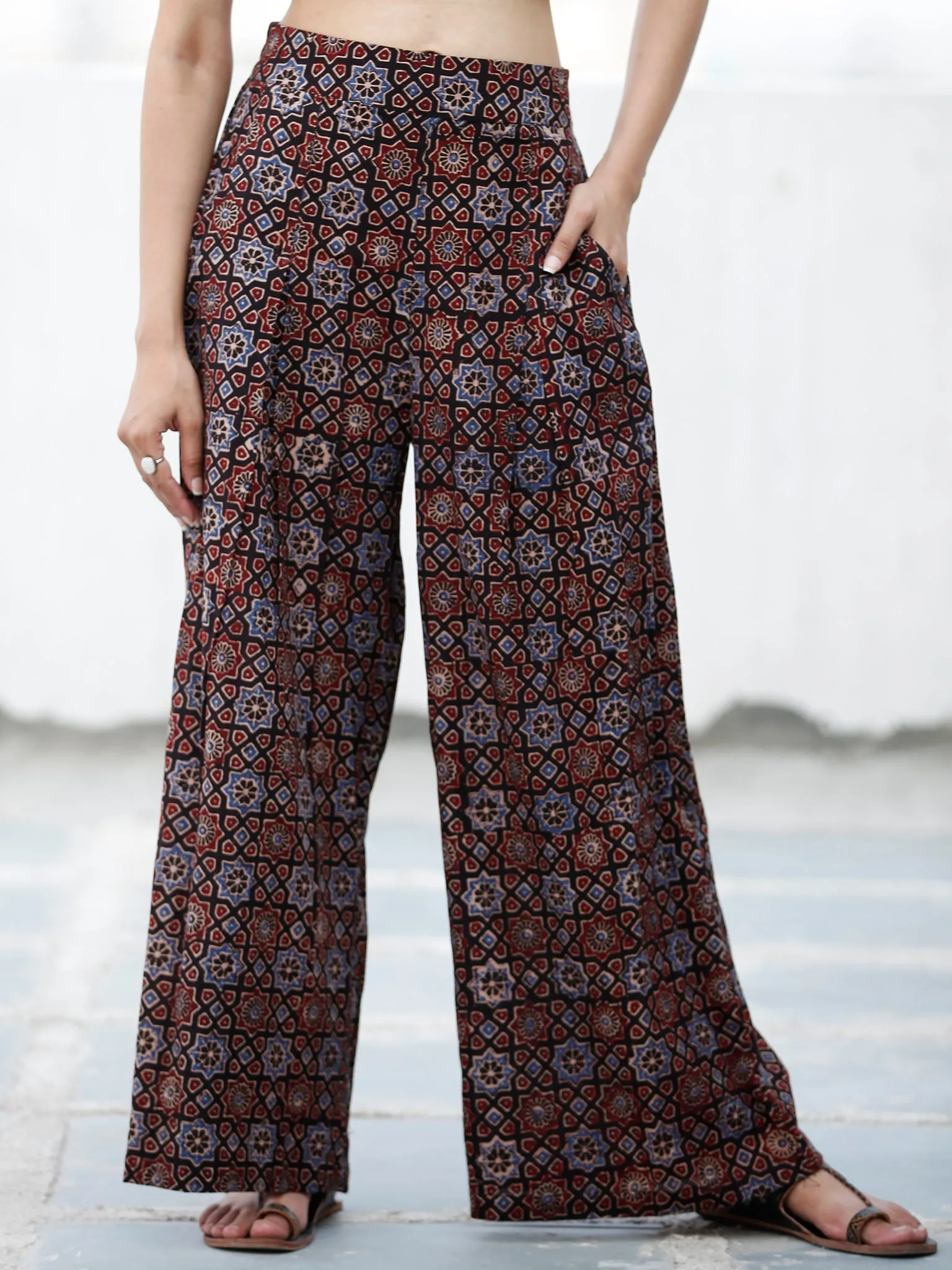 Black Indigo Maroon Ajrakh Hand Block Printed Semi Elasticated Waist Pleated Cotton Palazzo - P11F1686