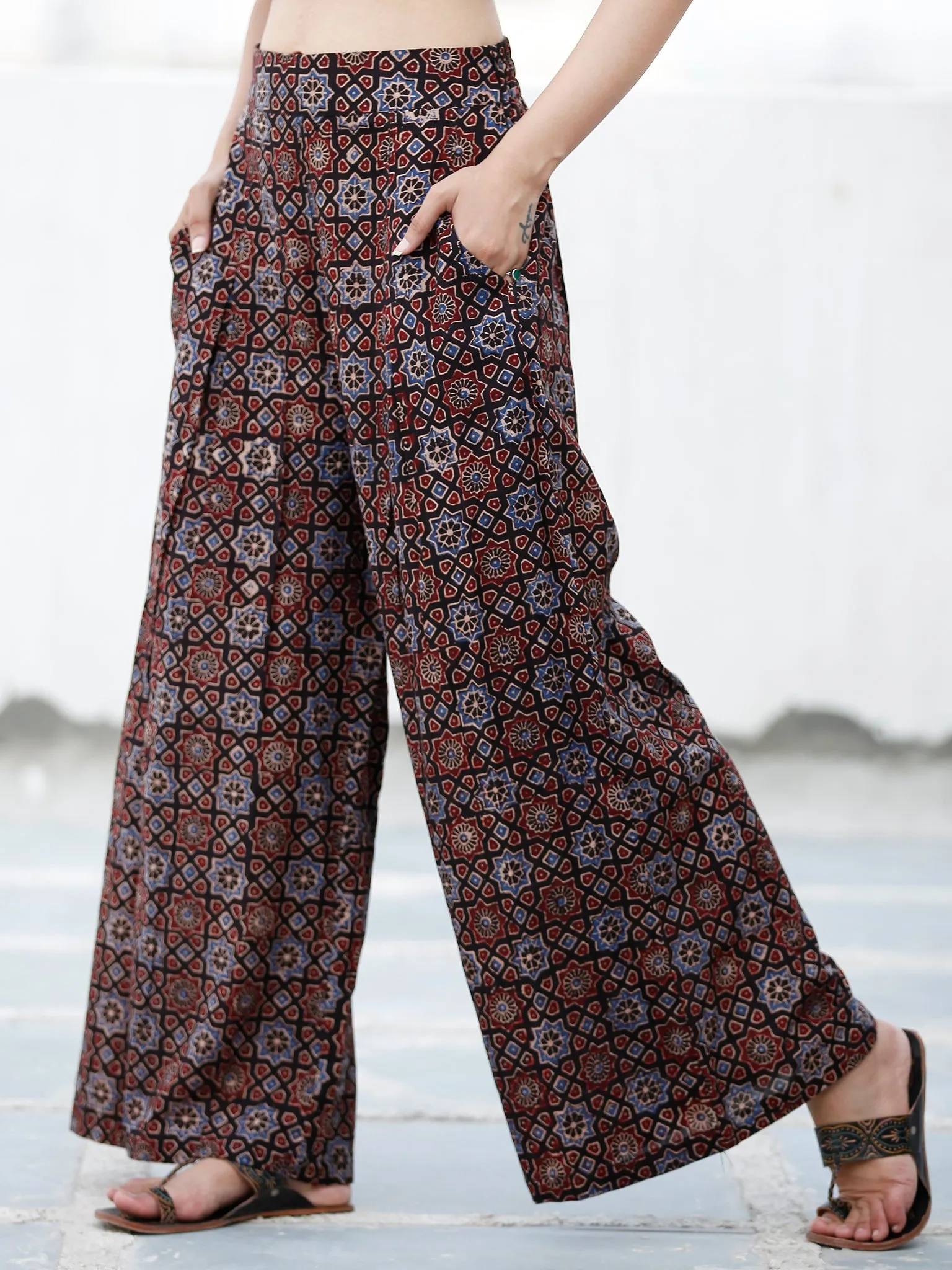 Black Indigo Maroon Ajrakh Hand Block Printed Semi Elasticated Waist Pleated Cotton Palazzo - P11F1686