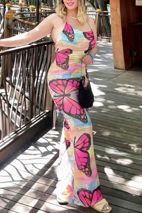 Butterfly Print Tie-back Pack Hip Dress