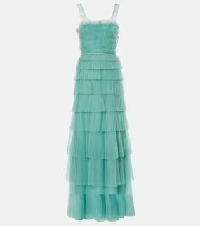 Costarellos Kali embellished tulle-trimmed pliss√É¬© gown