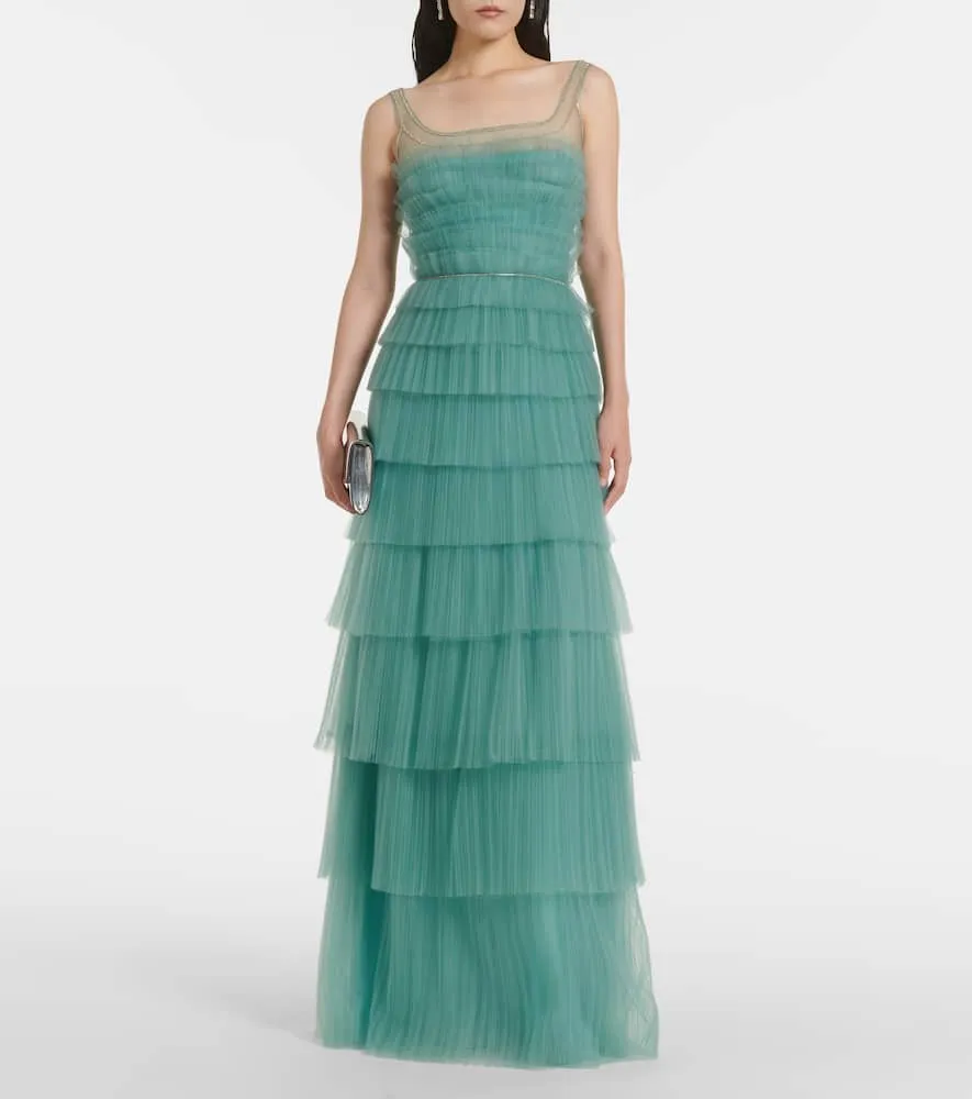 Costarellos Kali embellished tulle-trimmed pliss√É¬© gown