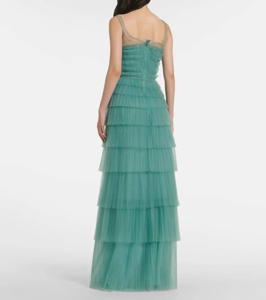 Costarellos Kali embellished tulle-trimmed pliss√É¬© gown