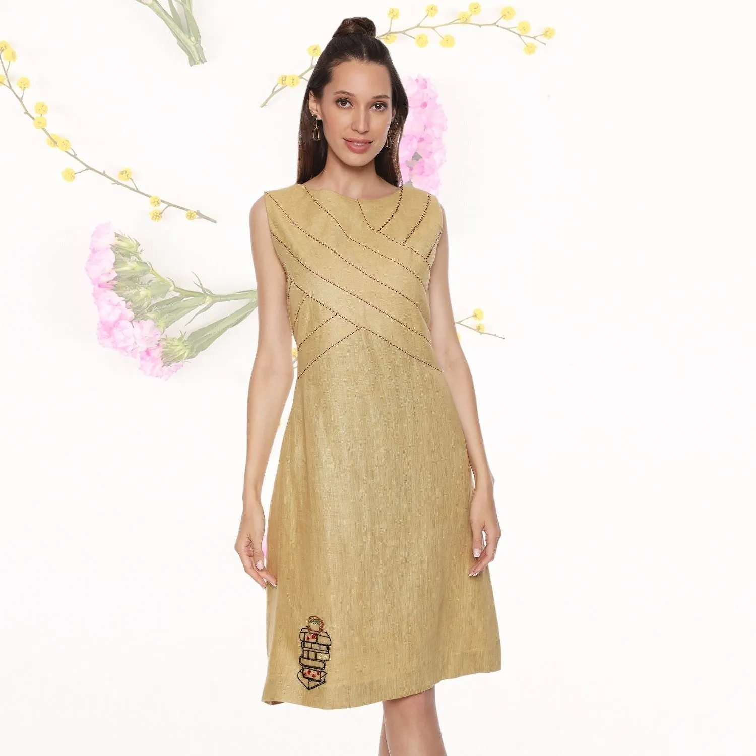 Daphne Linen Shift Dress | Monochrome | Embroidered | Minimalistic | Graceful | Camel