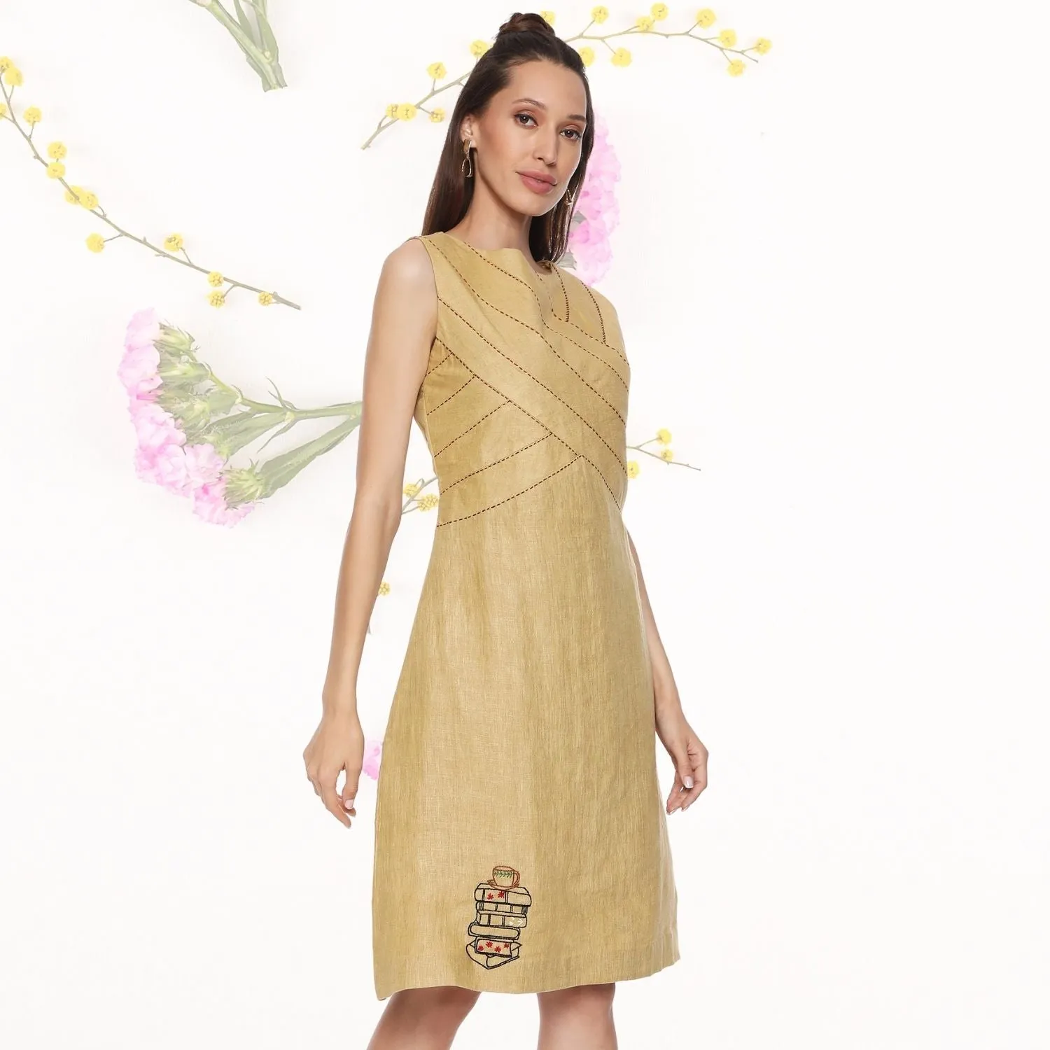 Daphne Linen Shift Dress | Monochrome | Embroidered | Minimalistic | Graceful | Camel