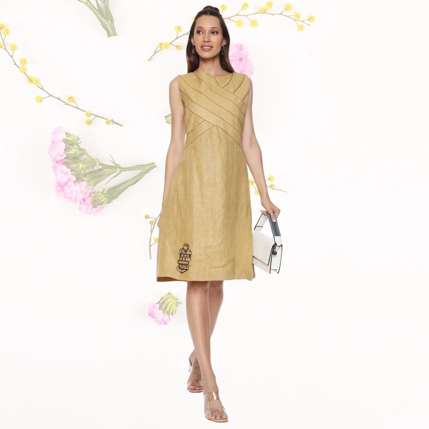 Daphne Linen Shift Dress | Monochrome | Embroidered | Minimalistic | Graceful | Camel