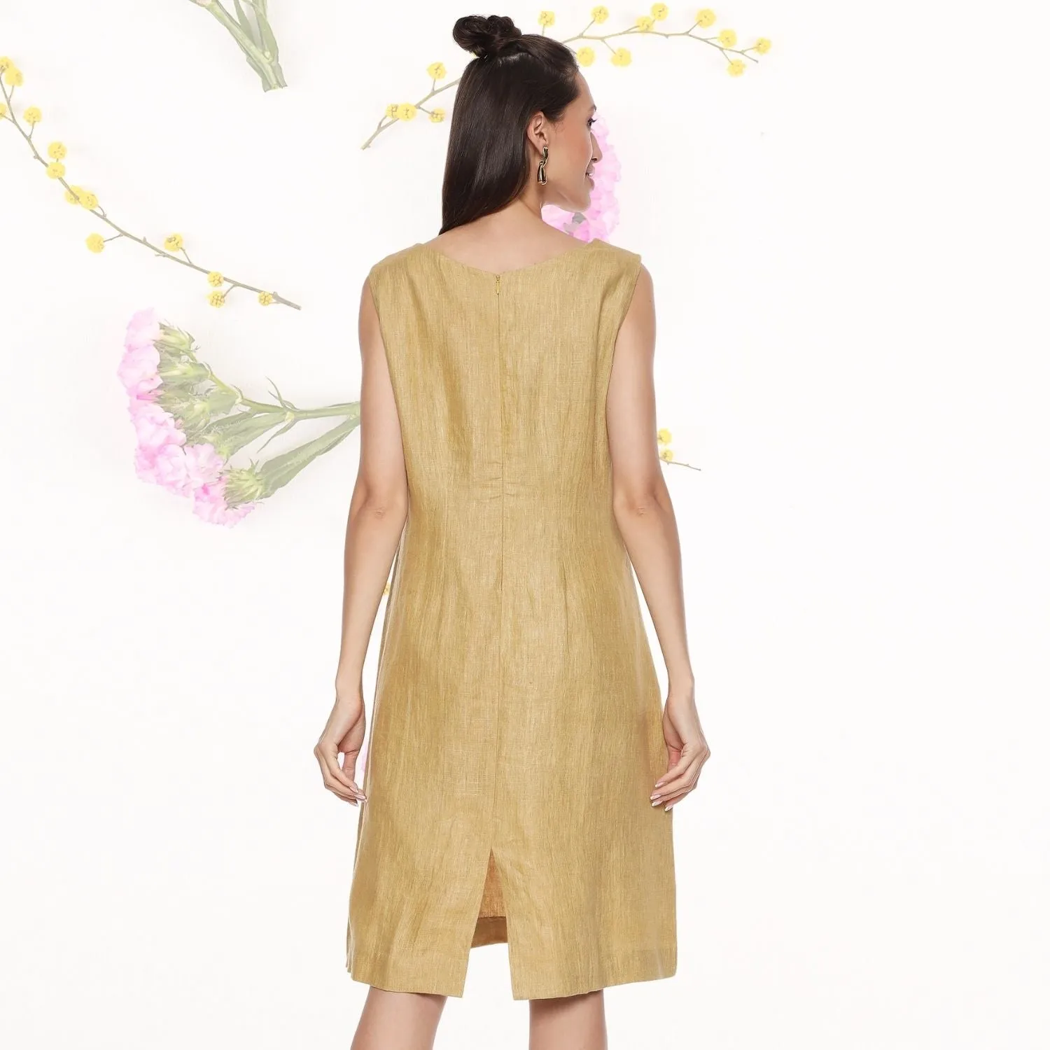 Daphne Linen Shift Dress | Monochrome | Embroidered | Minimalistic | Graceful | Camel