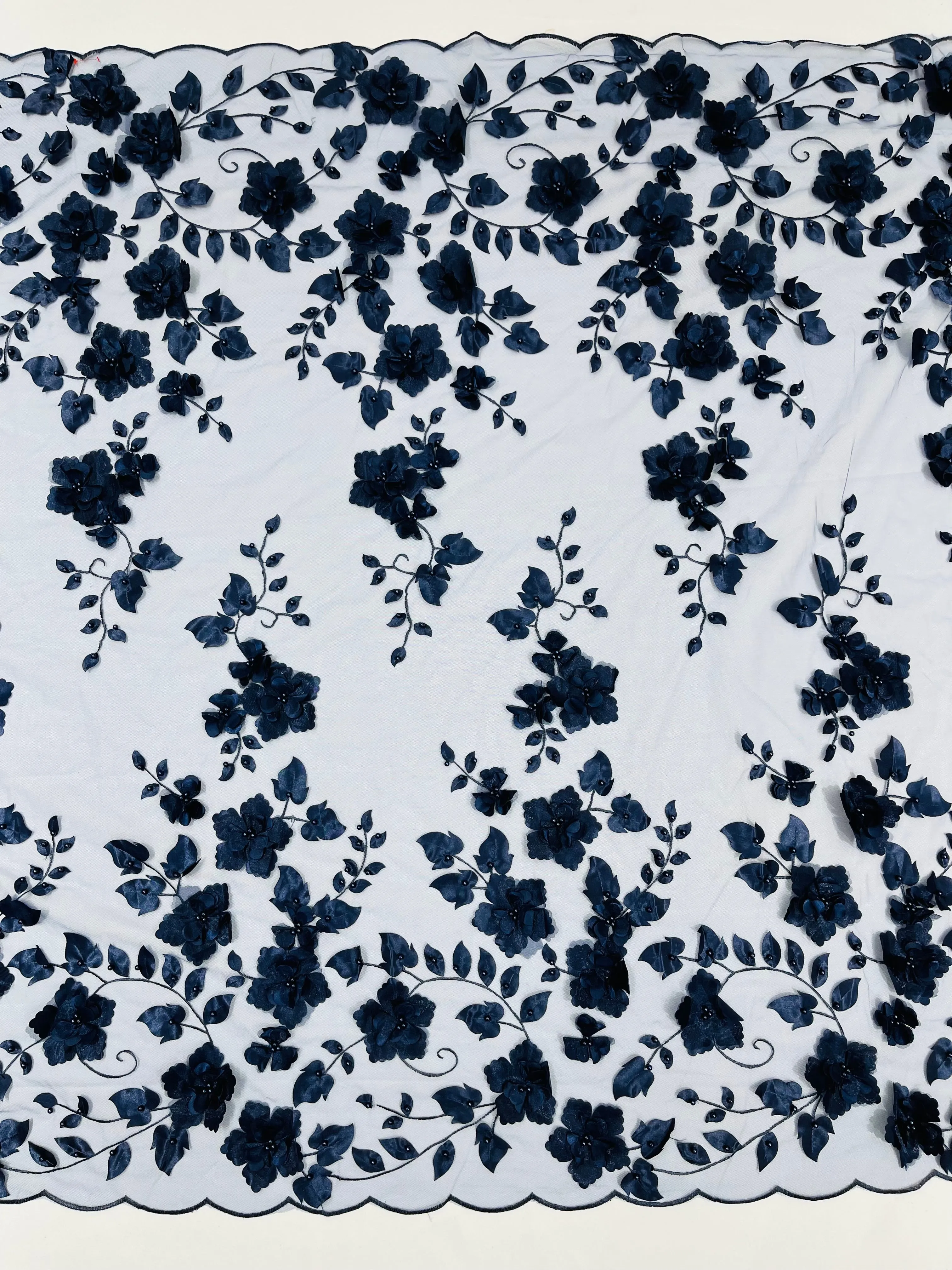 Double Scalp Orquidia 3d floral design embroider with pearl in a mesh lace fabric-sold by the yard