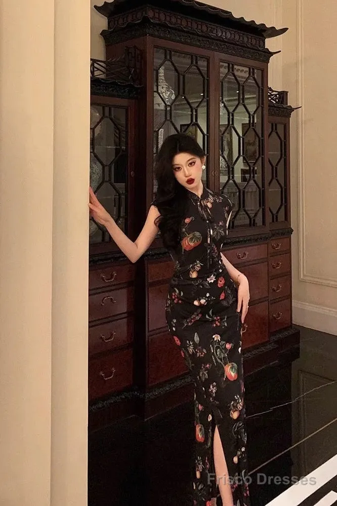 Gorgeous Sheath High Neckline Black Floral Date Night Dress Long Prom Dresses Birthday Outfits