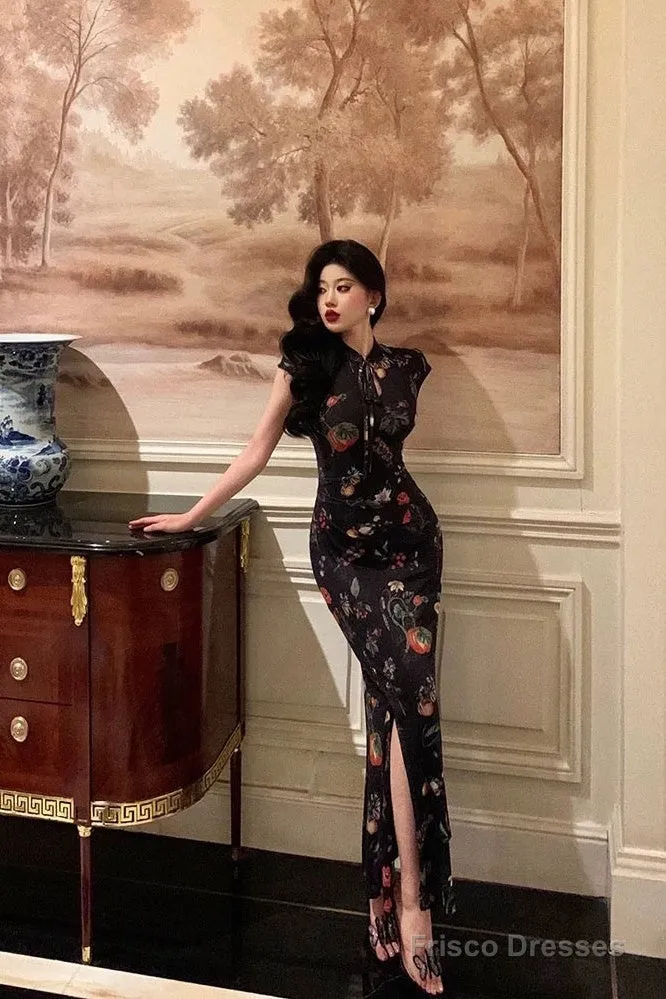 Gorgeous Sheath High Neckline Black Floral Date Night Dress Long Prom Dresses Birthday Outfits