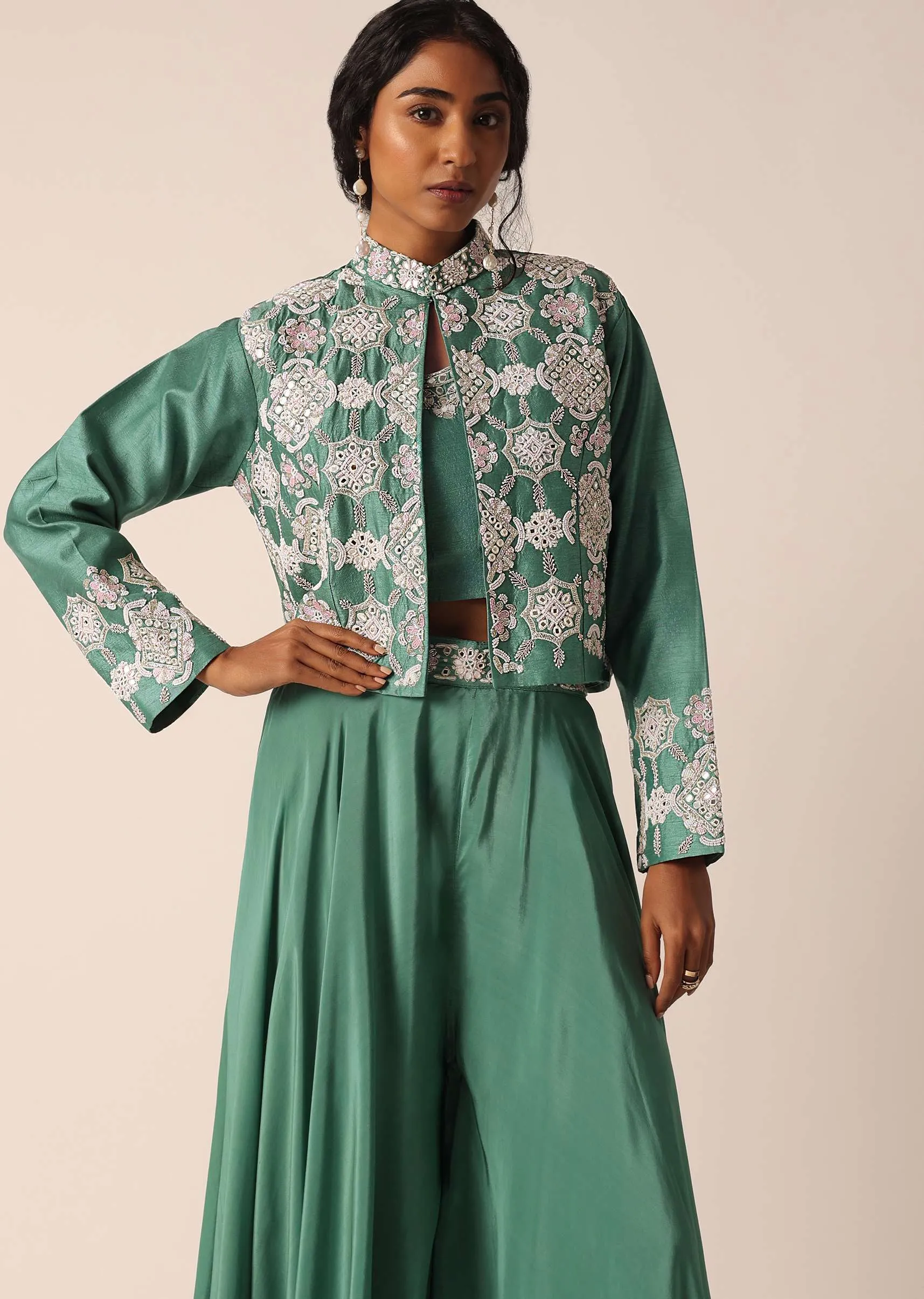 Green Art Silk Palazzo Set With Mirror Work