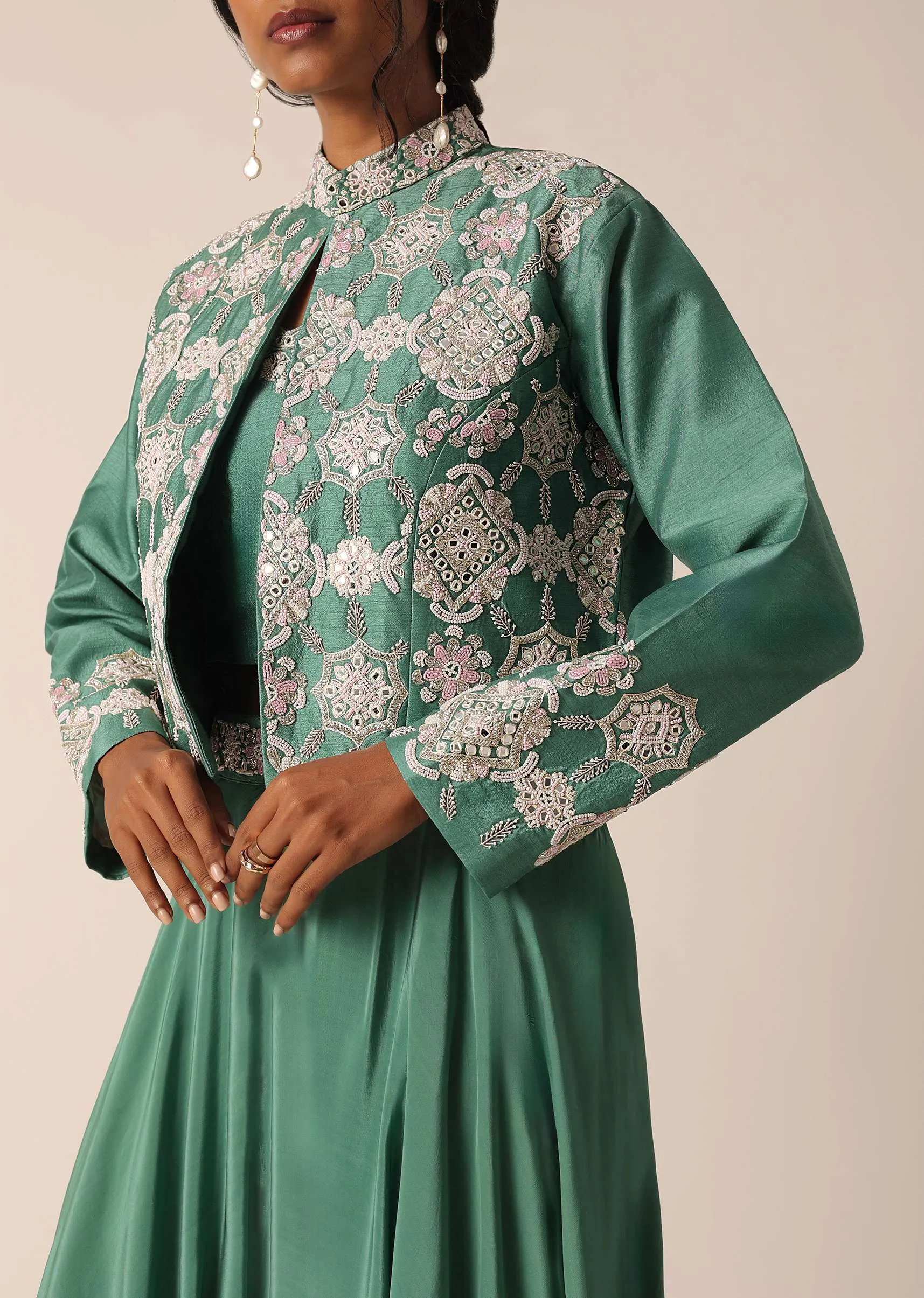 Green Art Silk Palazzo Set With Mirror Work