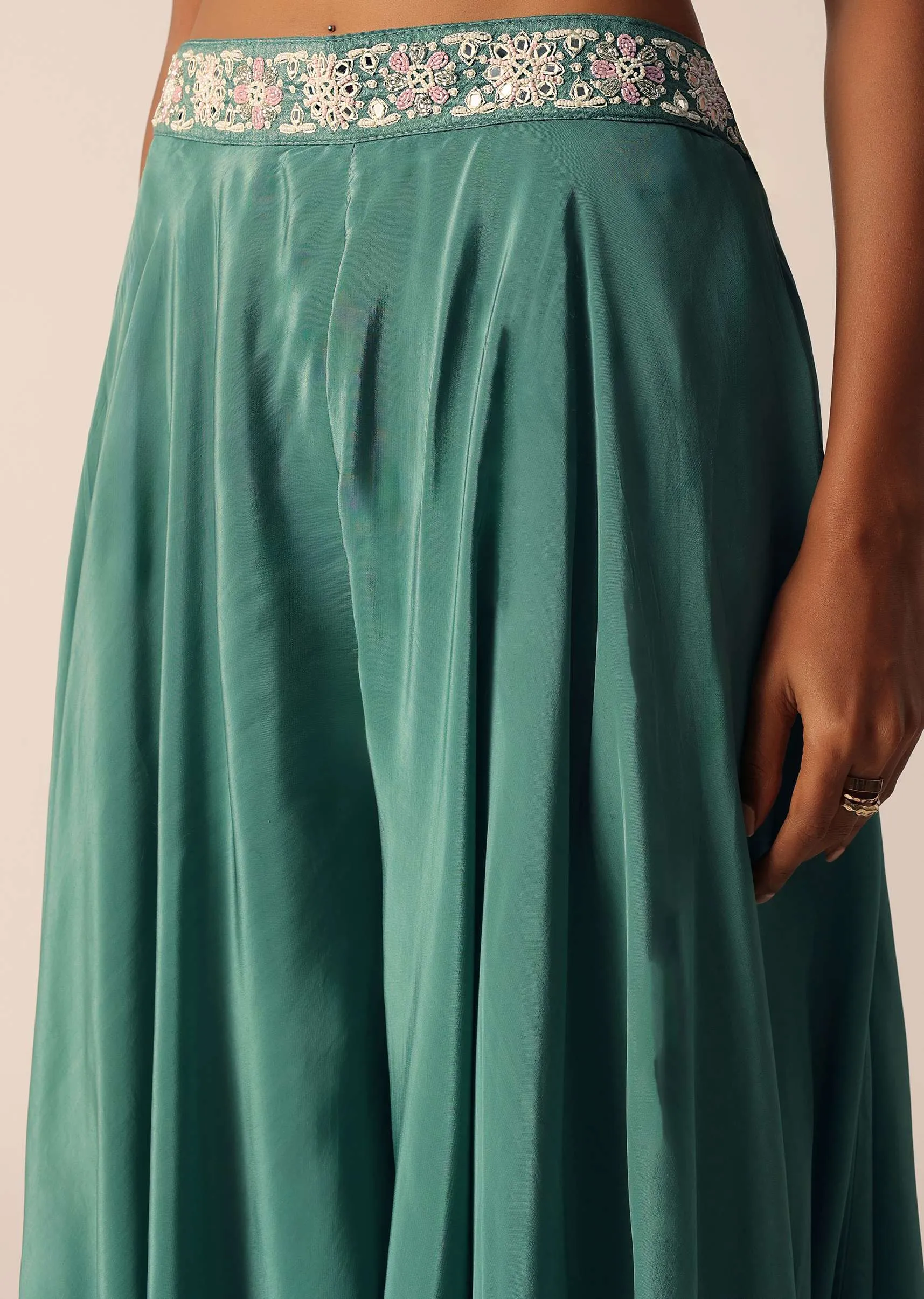 Green Art Silk Palazzo Set With Mirror Work