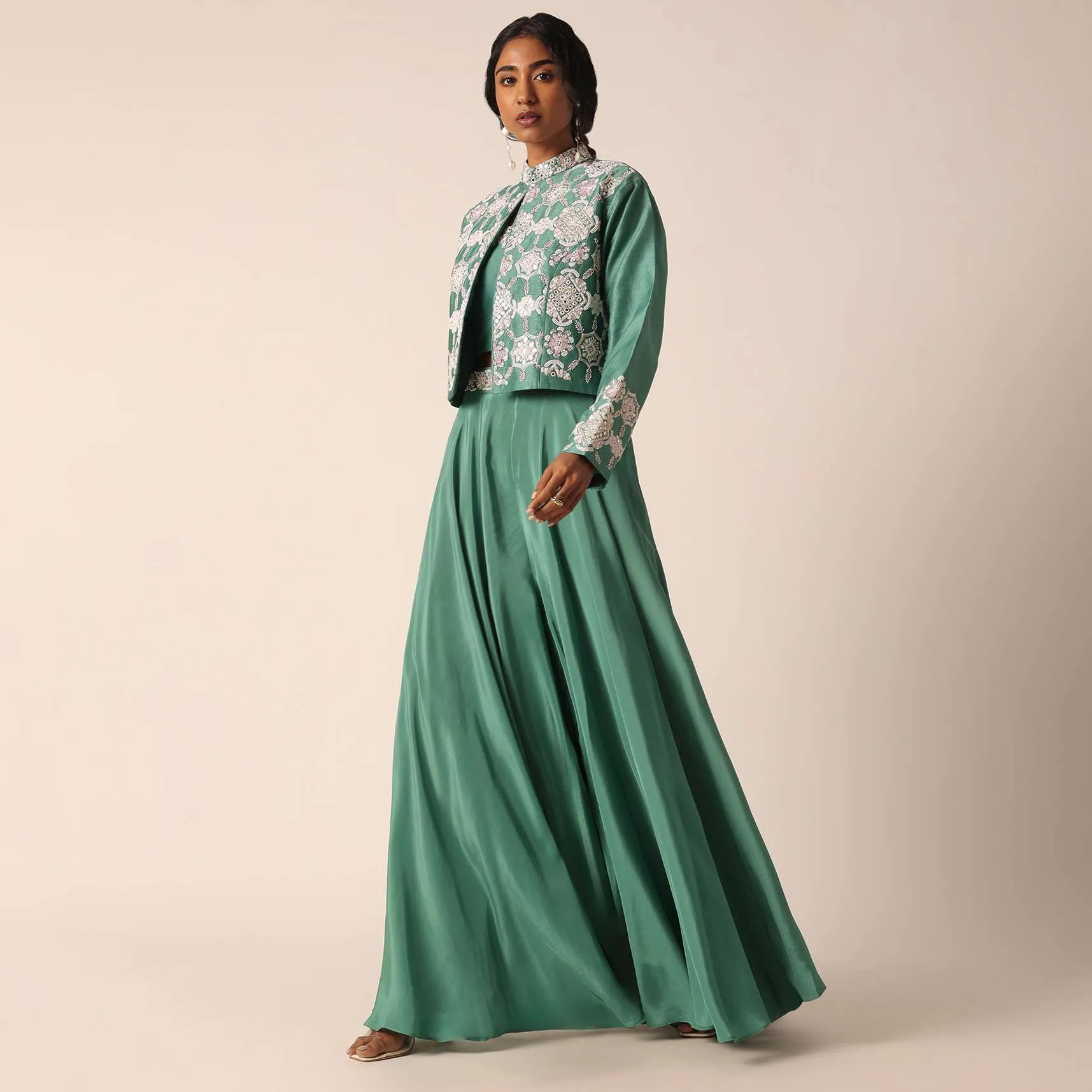 Green Art Silk Palazzo Set With Mirror Work