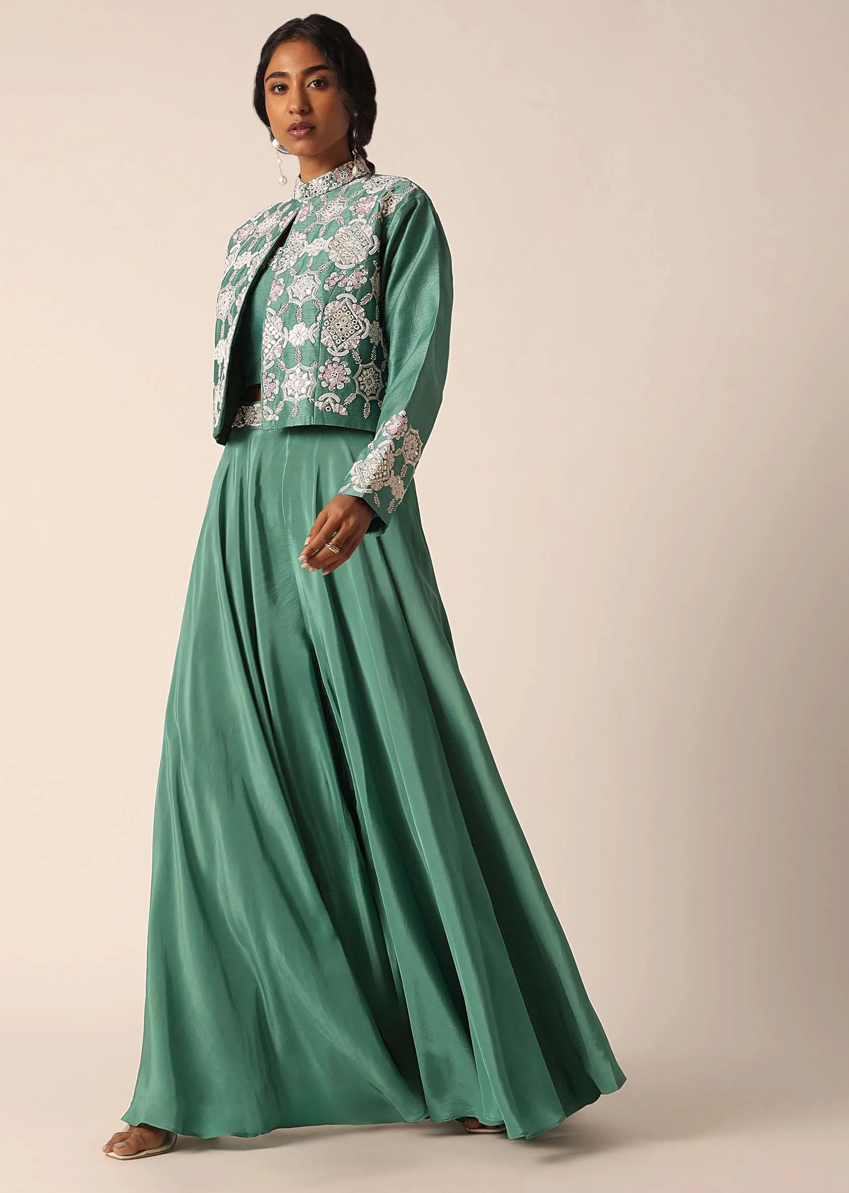 Green Art Silk Palazzo Set With Mirror Work