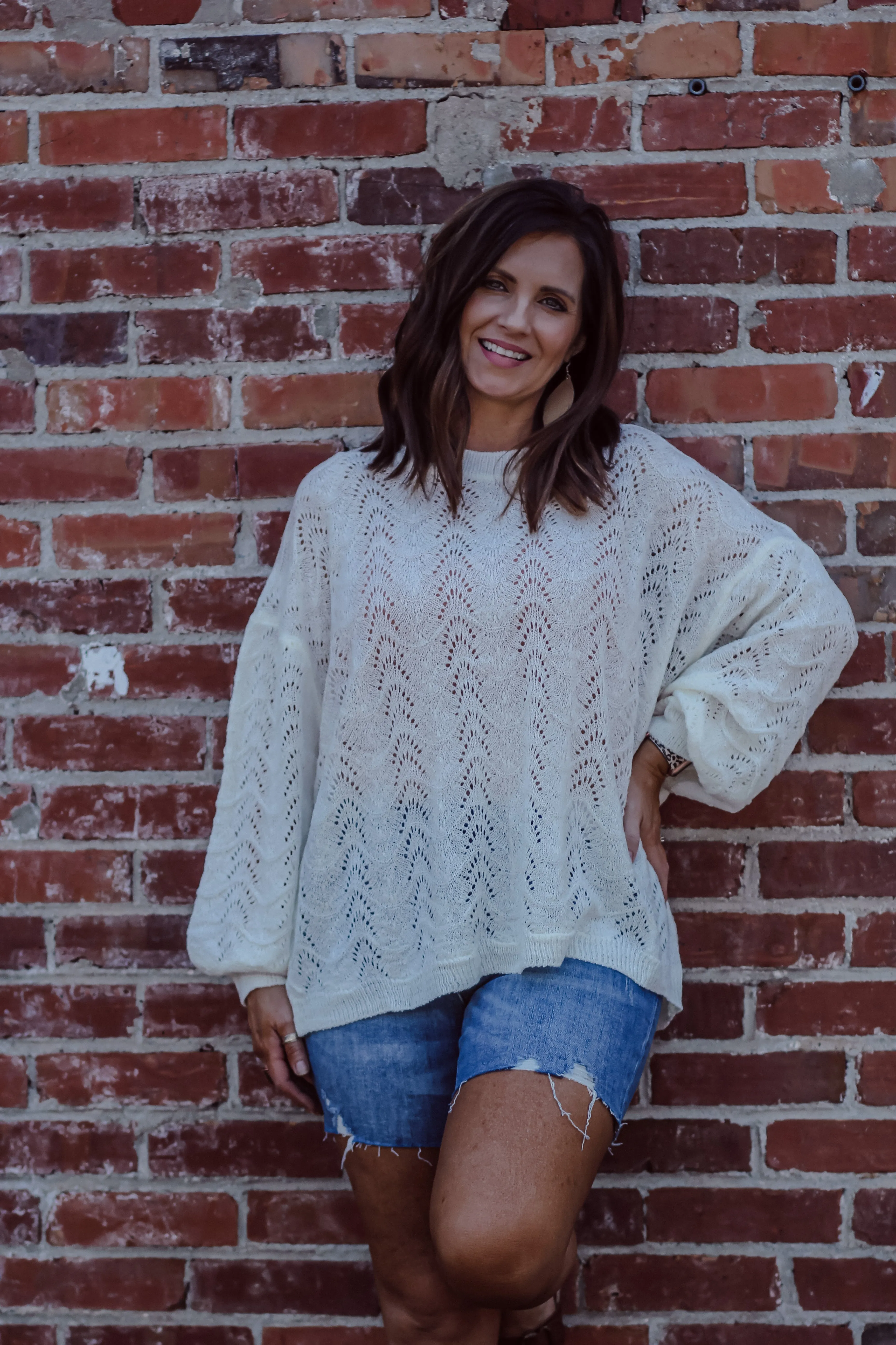 Ivory Open Knit Sweater With Criss Cross Back