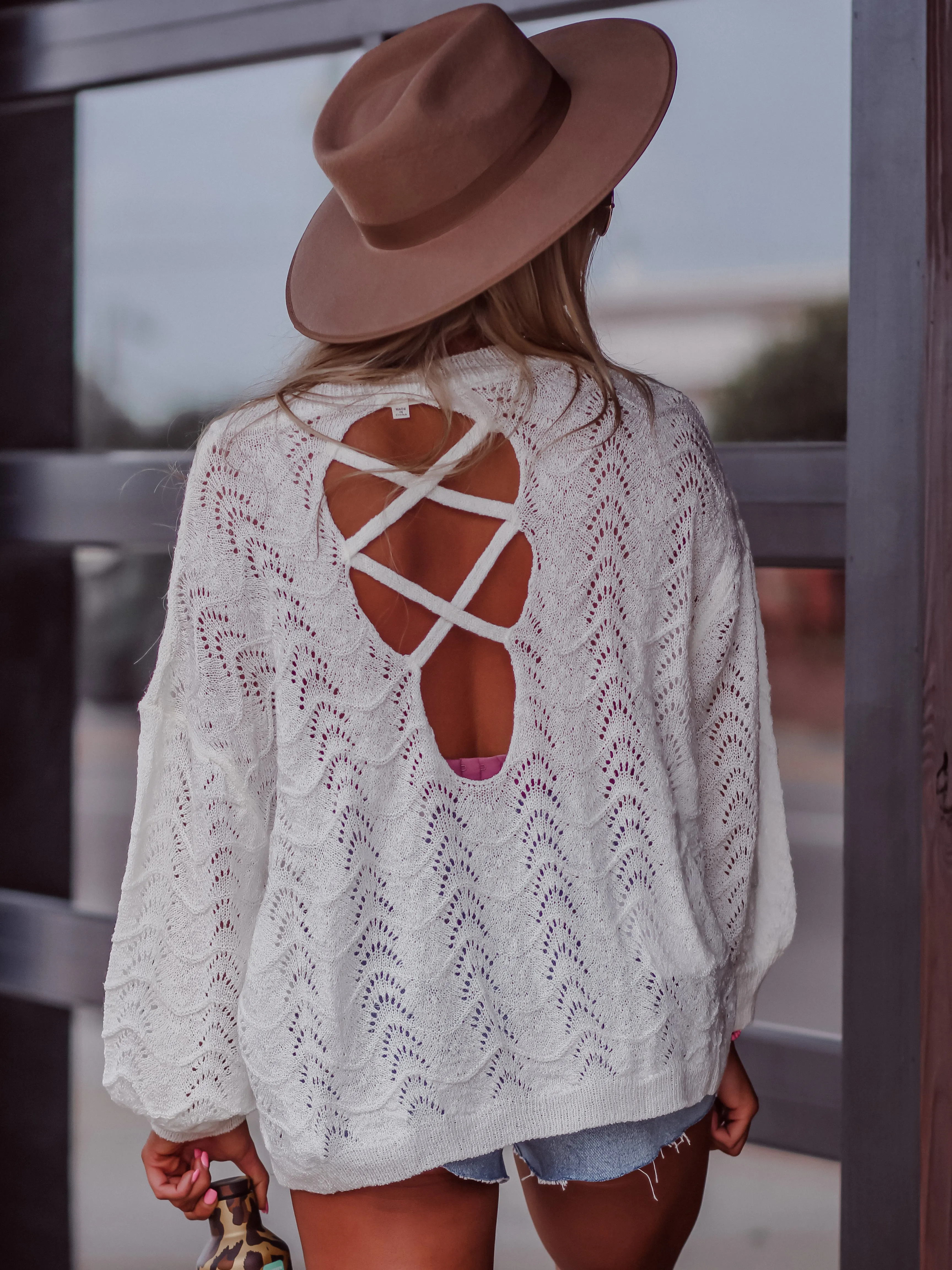 Ivory Open Knit Sweater With Criss Cross Back