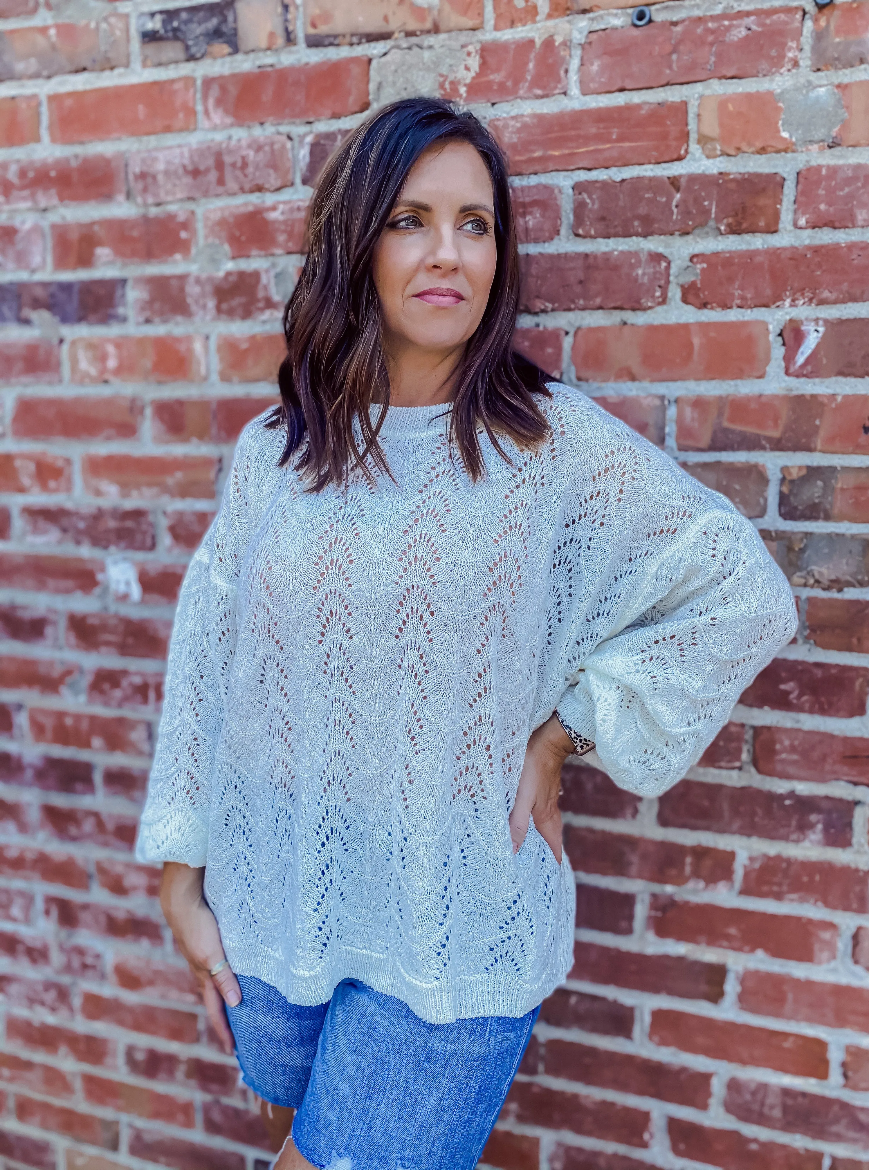 Ivory Open Knit Sweater With Criss Cross Back