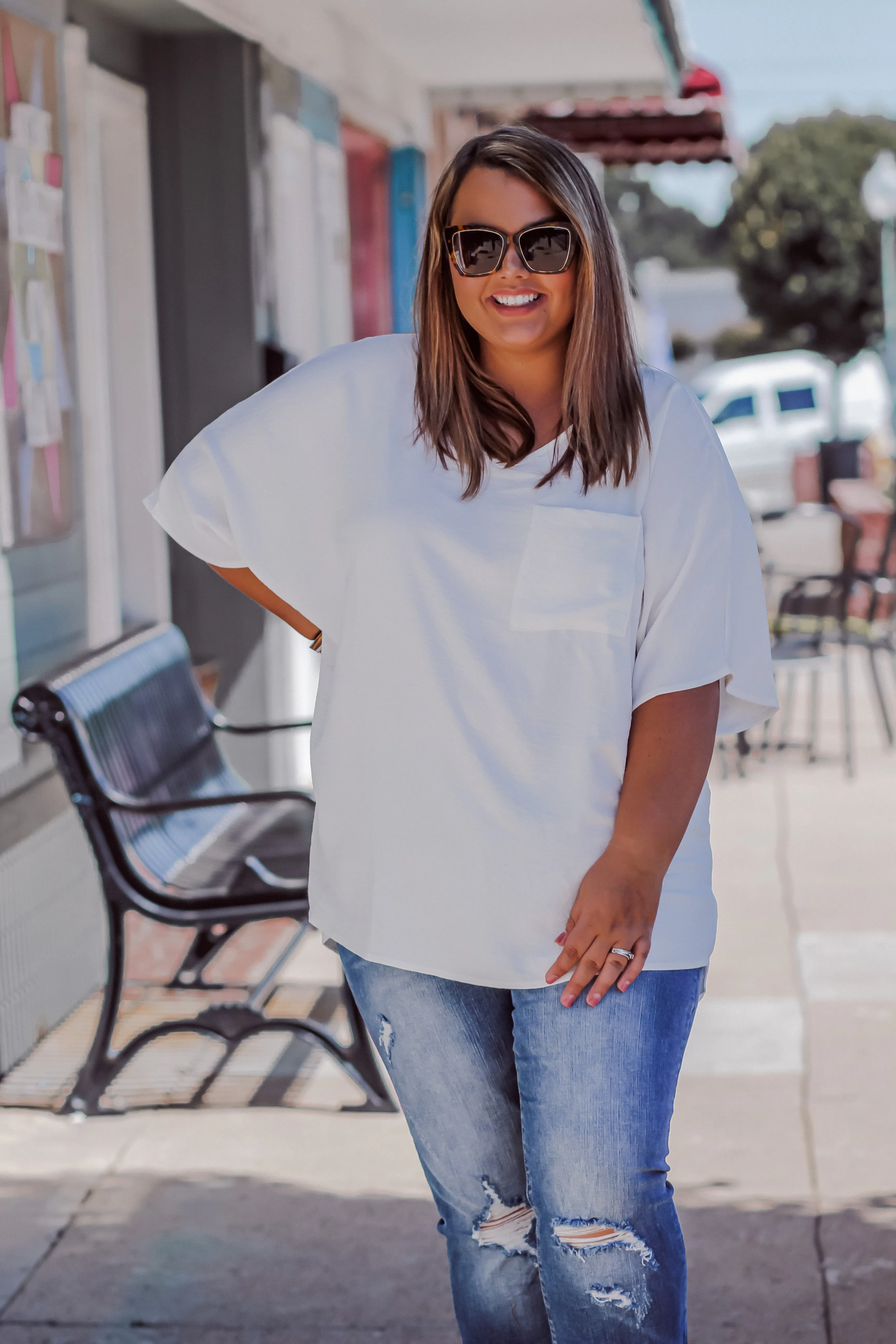 Ivory Woven Front Pocket Blouse in Regular & Curvy