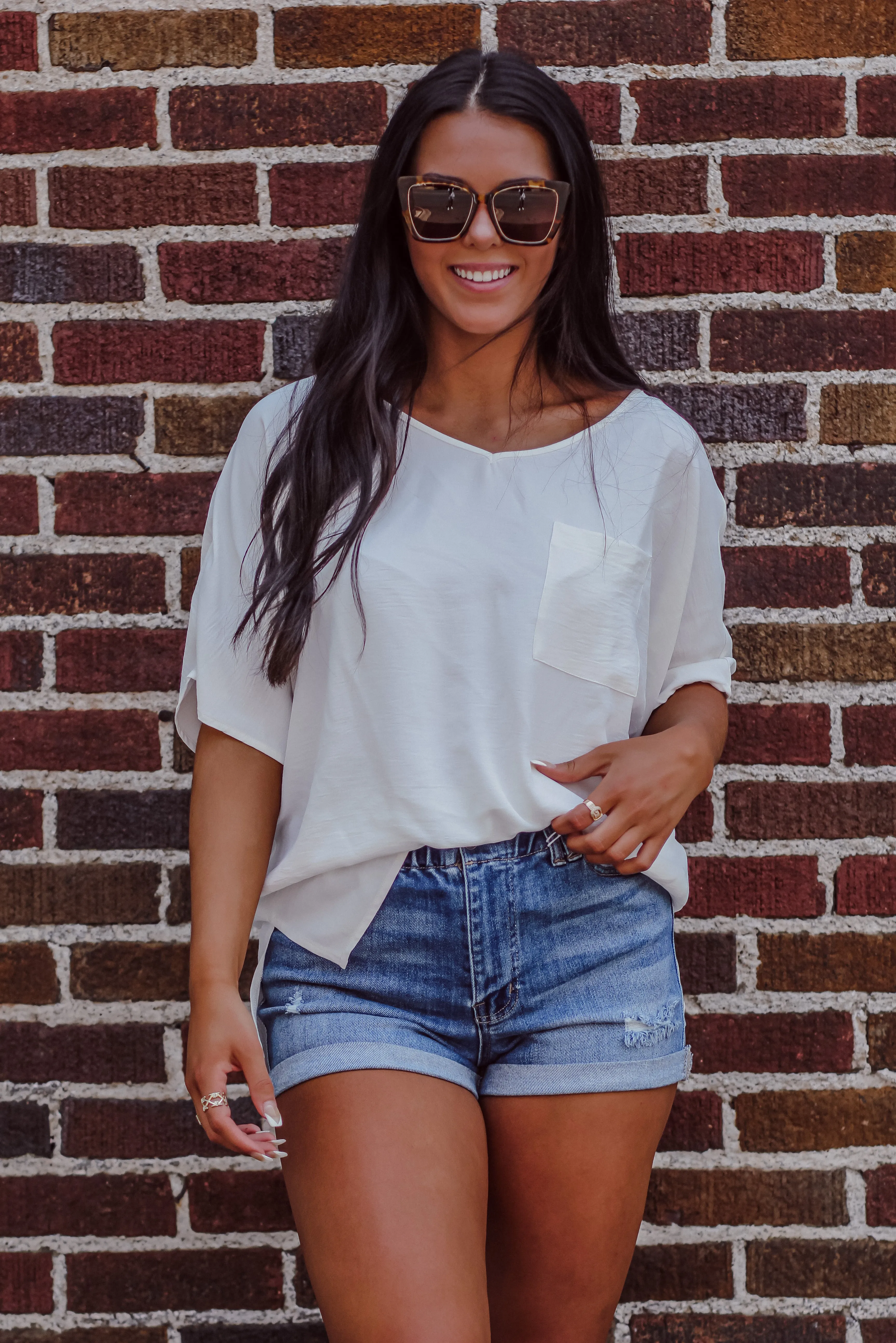 Ivory Woven Front Pocket Blouse in Regular & Curvy