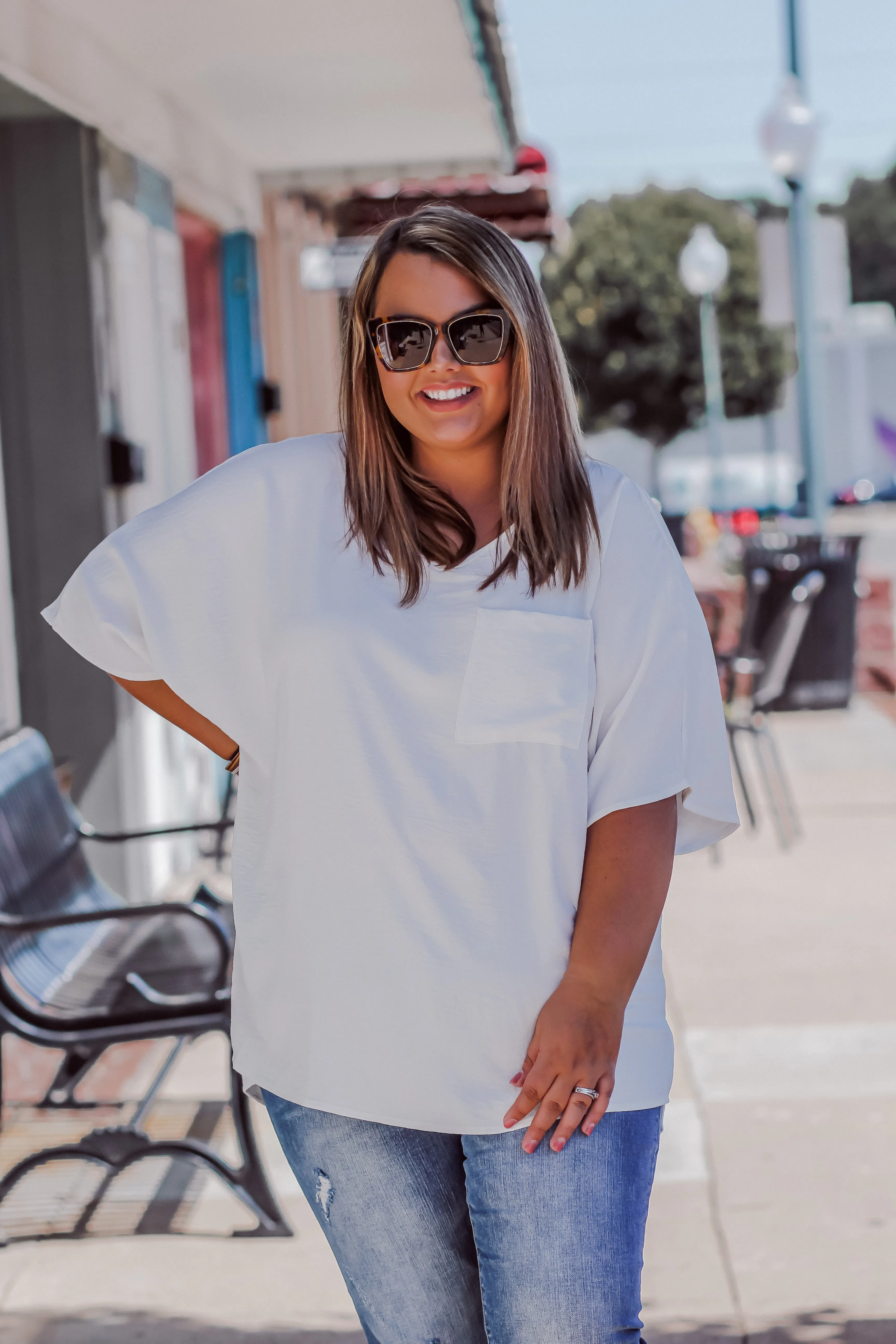 Ivory Woven Front Pocket Blouse in Regular & Curvy