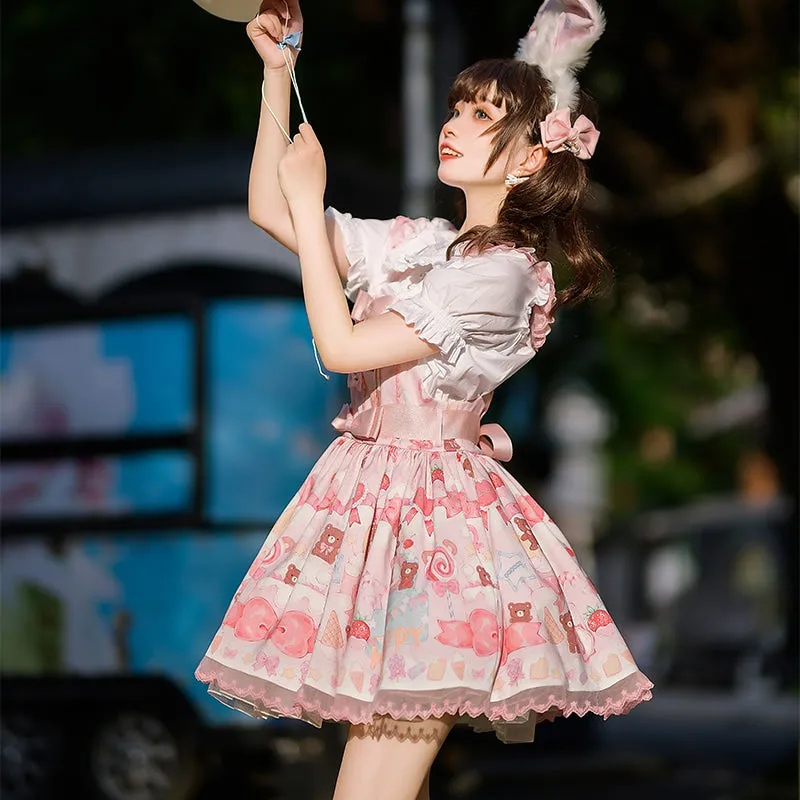 Kawaii Sweet Cartoon Bear Cake Printed Lolita Overalls Dress