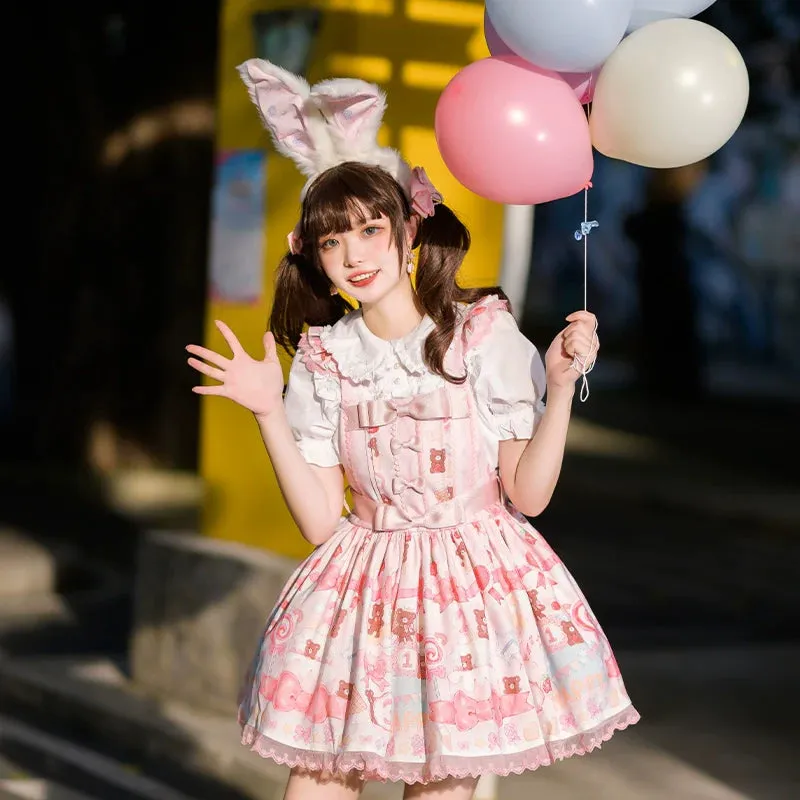 Kawaii Sweet Cartoon Bear Cake Printed Lolita Overalls Dress
