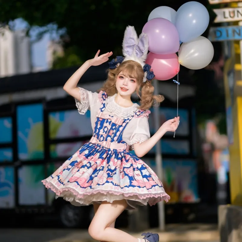 Kawaii Sweet Cartoon Bear Cake Printed Lolita Overalls Dress
