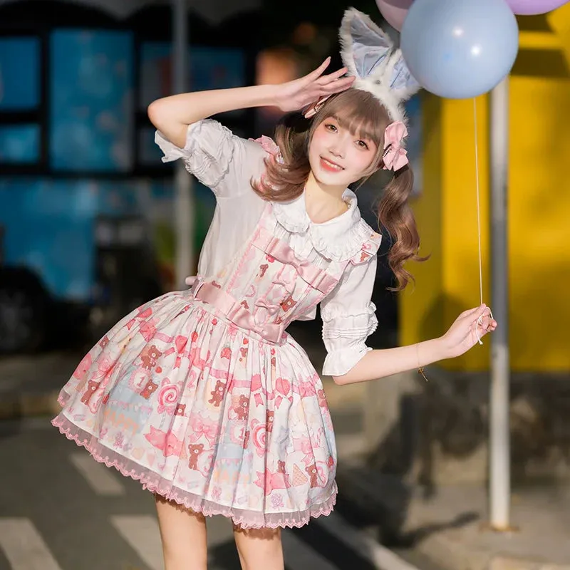 Kawaii Sweet Cartoon Bear Cake Printed Lolita Overalls Dress
