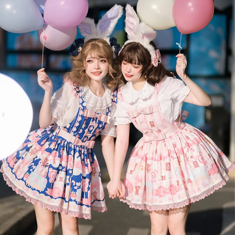 Kawaii Sweet Cartoon Bear Cake Printed Lolita Overalls Dress