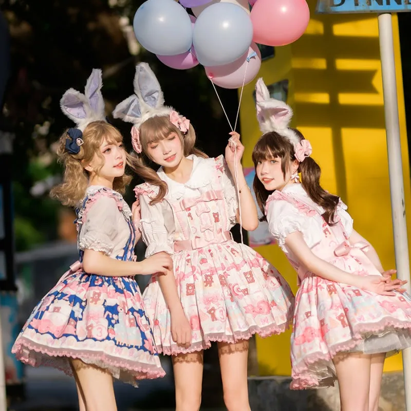 Kawaii Sweet Cartoon Bear Cake Printed Lolita Overalls Dress