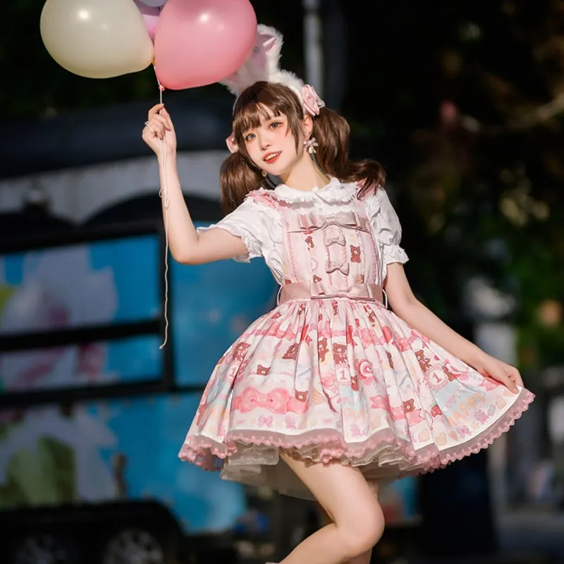 Kawaii Sweet Cartoon Bear Cake Printed Lolita Overalls Dress