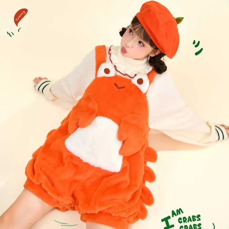 Kawaii Sweet Girl Style Orange Cartoon Crab Overalls