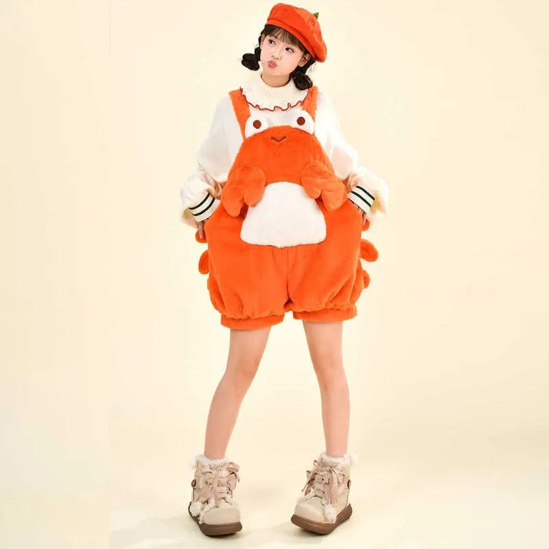 Kawaii Sweet Girl Style Orange Cartoon Crab Overalls