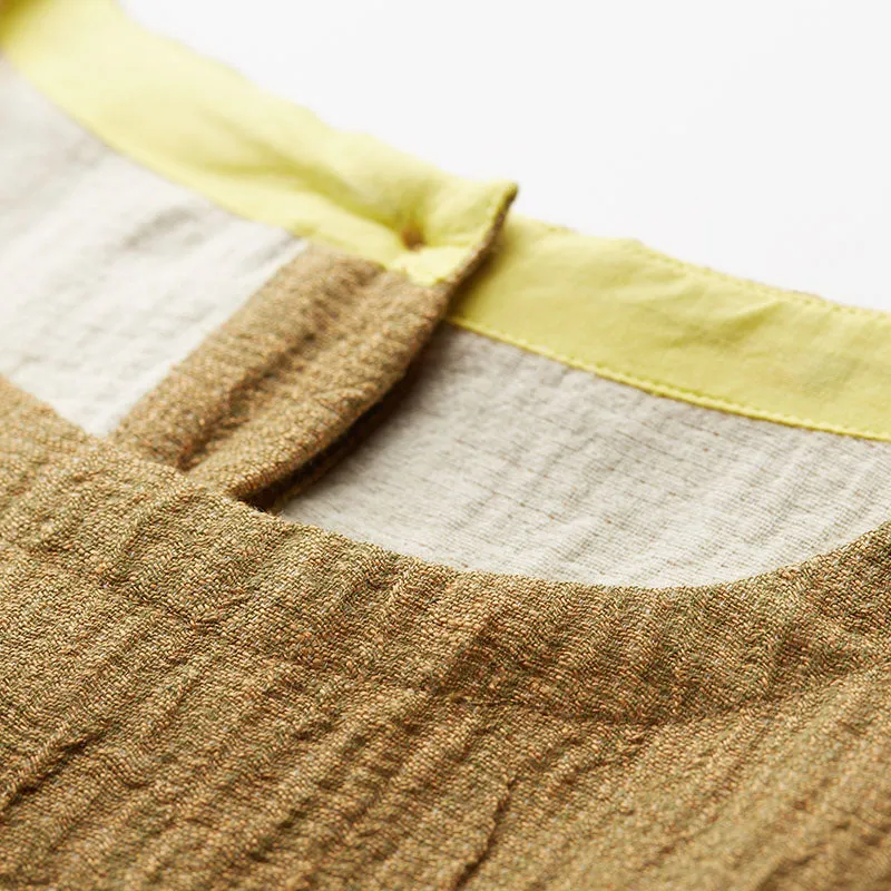 Khaki Linen Women Dresses Long Sleeves O Neck Shift Autumn Spring Dresses XH9663