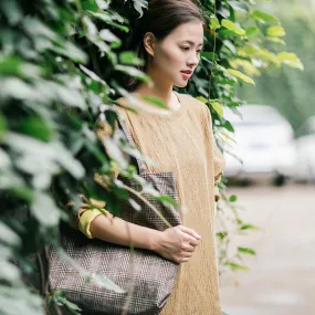 Khaki Linen Women Dresses Long Sleeves O Neck Shift Autumn Spring Dresses XH9663
