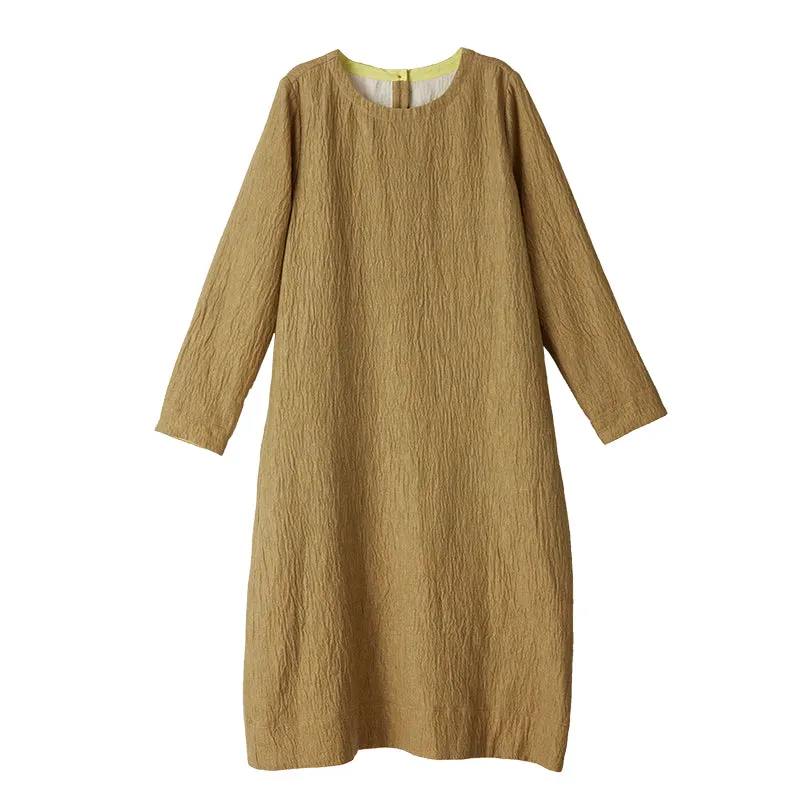 Khaki Linen Women Dresses Long Sleeves O Neck Shift Autumn Spring Dresses XH9663