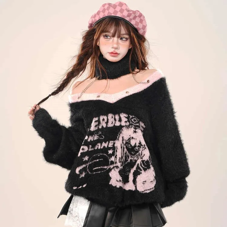 Korean Sweet Girl Style Cartoon Comic Embroidery V-neck Sweater
