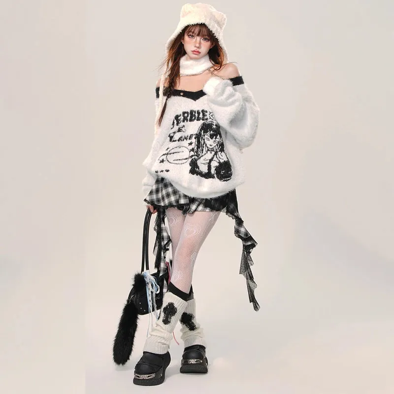 Korean Sweet Girl Style Cartoon Comic Embroidery V-neck Sweater