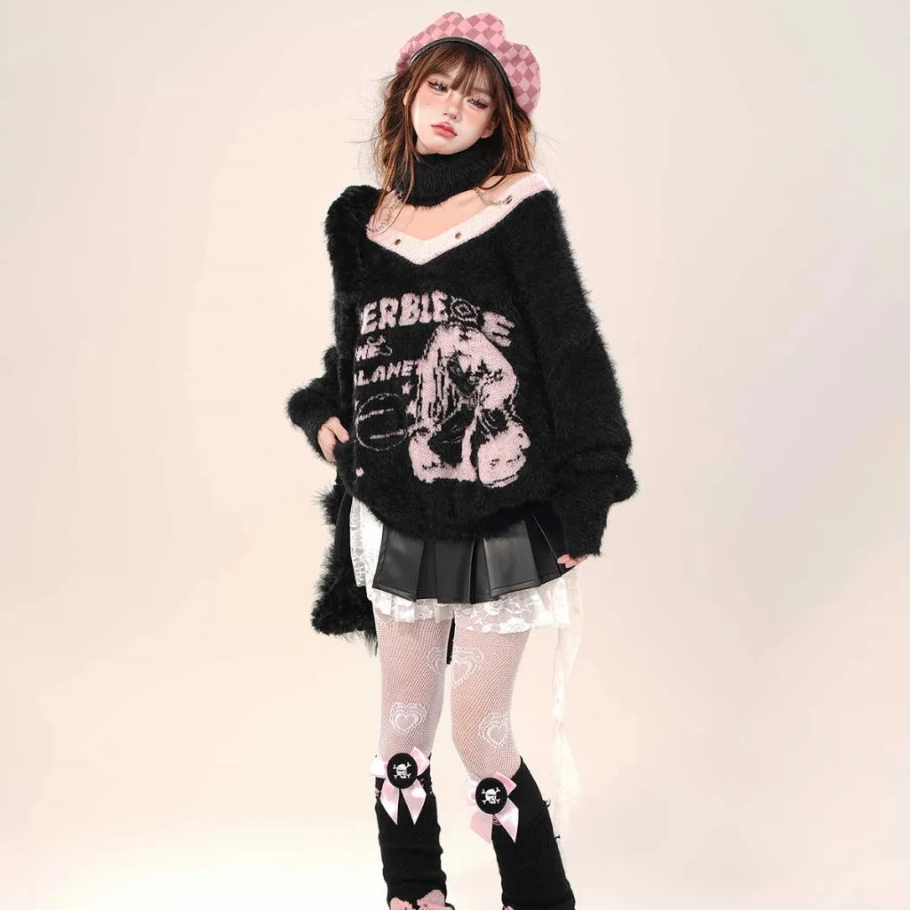 Korean Sweet Girl Style Cartoon Comic Embroidery V-neck Sweater
