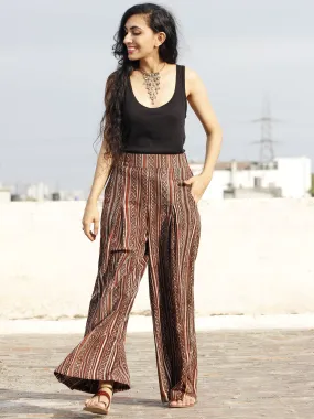Maroon Grey Hand Block Printed Semi Elasticated Waist Pleated Cotton Palazzo - P11F553