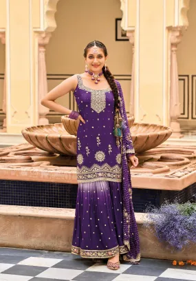 Purple Heavy Chinon Embroidered Palazzo Suit with Digital Print Dupatta