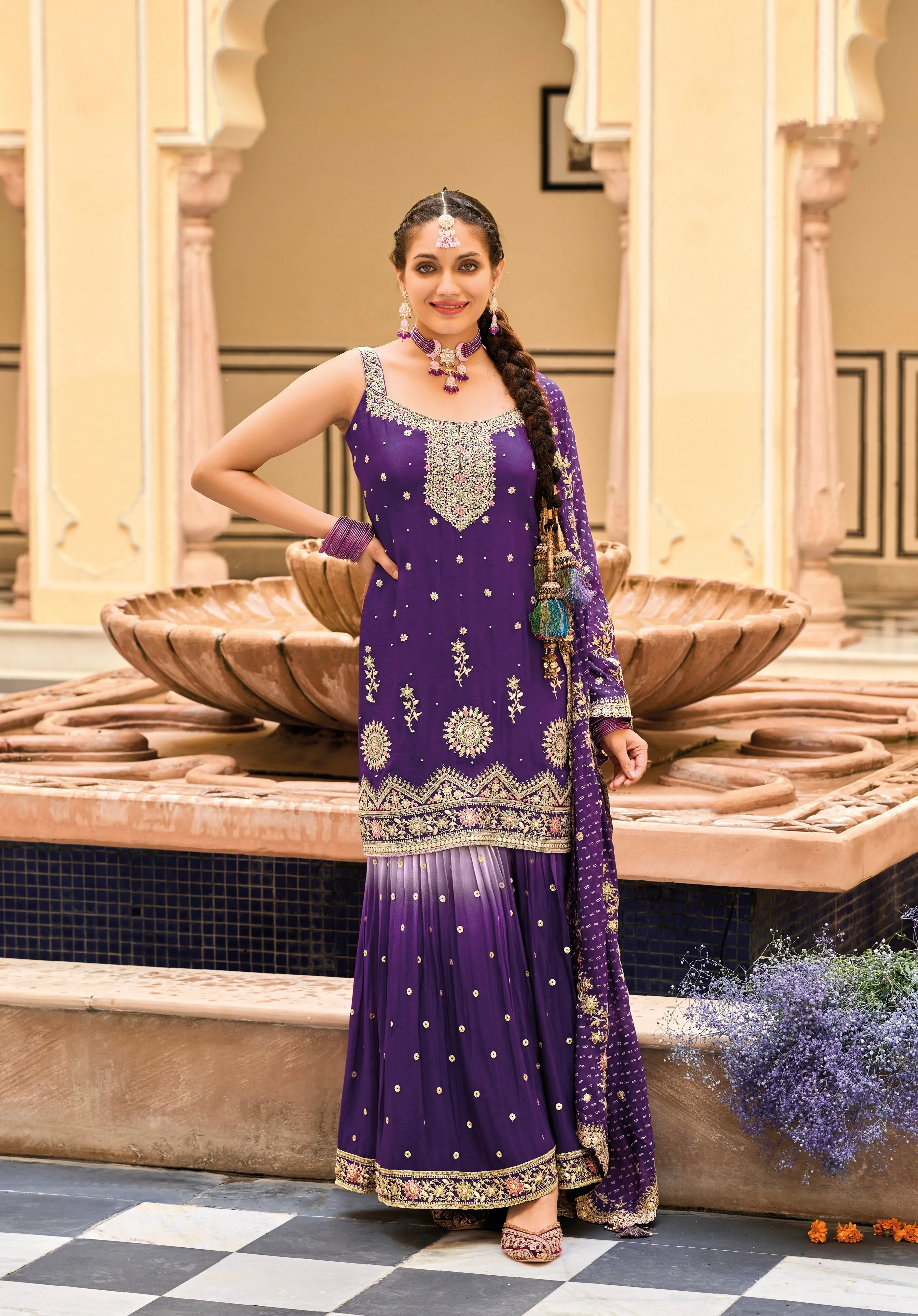Purple Heavy Chinon Embroidered Palazzo Suit with Digital Print Dupatta