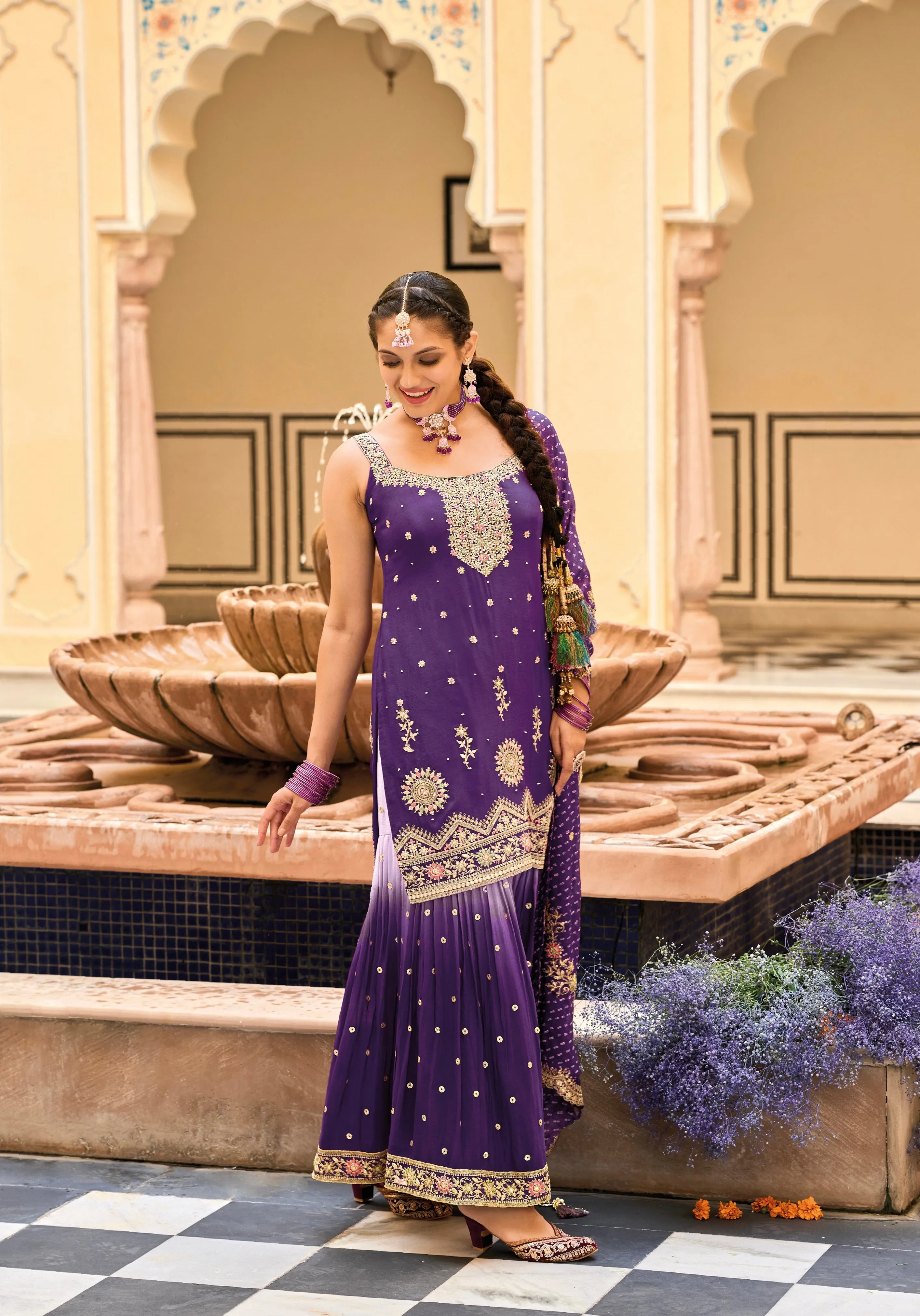 Purple Heavy Chinon Embroidered Palazzo Suit with Digital Print Dupatta